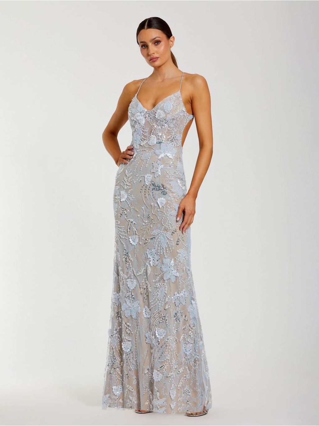 Nwot Mac Duggal Blue Size 4 Sleeveless Sequin Beaded Open Back Column Gown Flaw